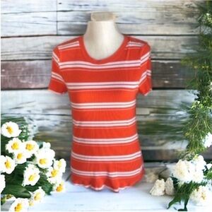 Style & Co. Orange and White Striped Short Sleeve Top